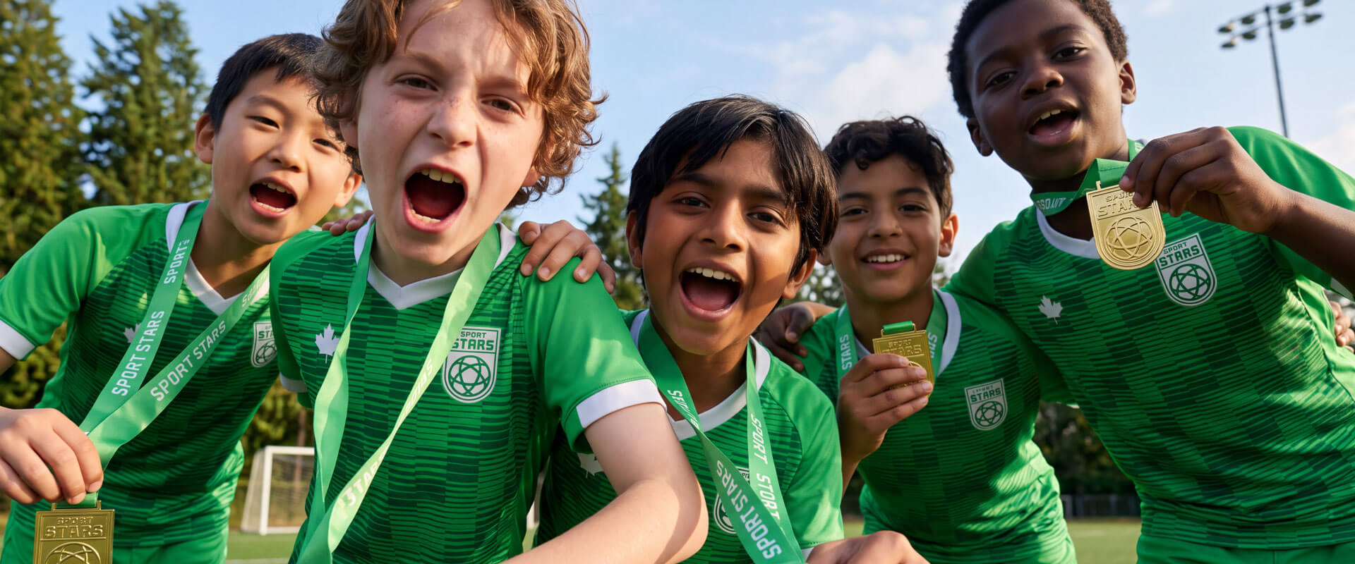Youth soccer house league kids celebrating outdoors in the GTA